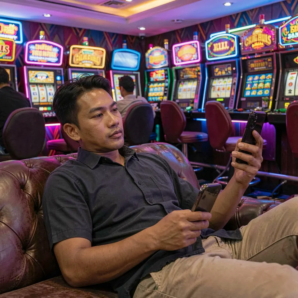 Stylish Filipino player enjoying mobile casino games on the K677 app with glowing slot machines and neon lights in the background