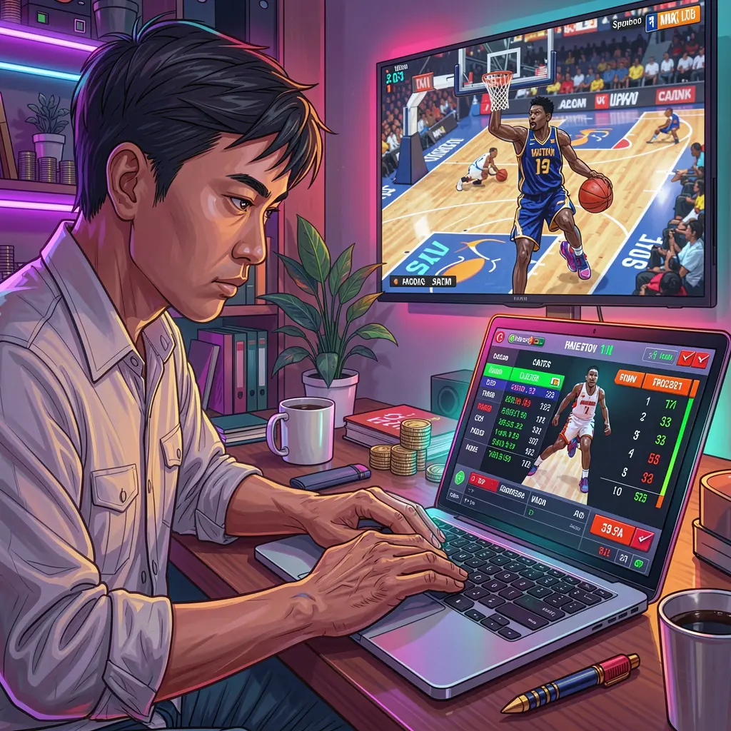 Focused Filipino sports bettor using a laptop at home while tracking live basketball action and odds on the K677 betting platform