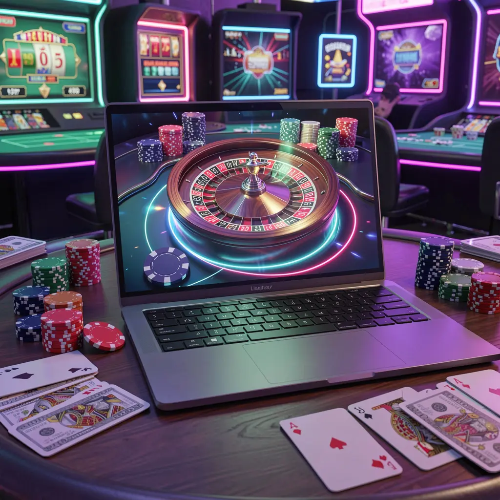 Modern laptop displaying a vibrant roulette wheel surrounded by casino chips and playing cards highlighting the immersive online casino experience of K677 for players in the Philippines