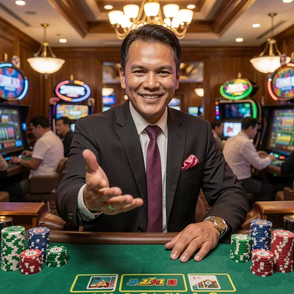 K677 Login – Fast and welcoming account access for players in the Philippines Friendly casino dealer extending his hand with glowing poker chips around representing easy and welcoming login to K677 for players in the Philippines