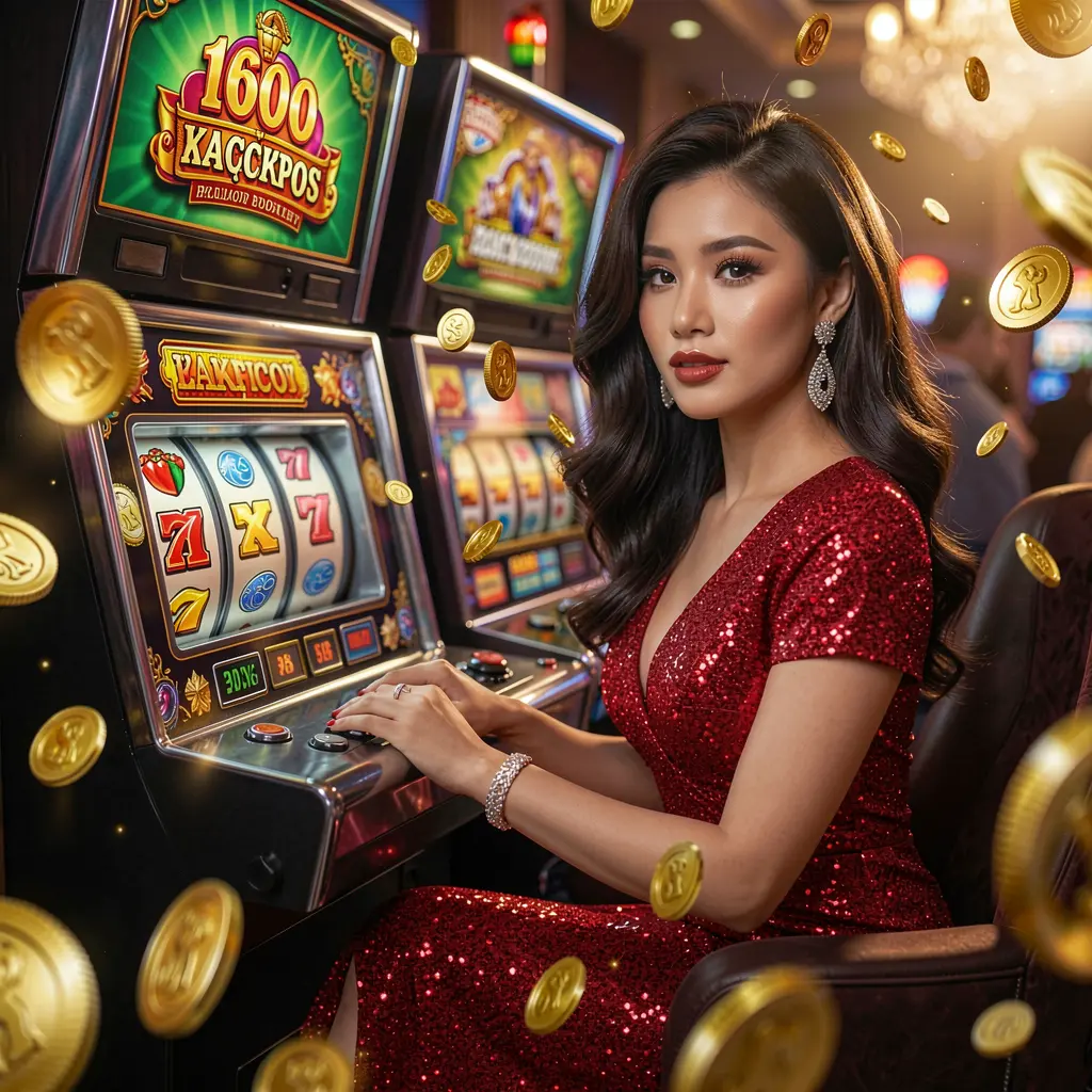 K677 – Experience premium slot entertainment designed for players in the Philippines A glamorous woman in a sparkling red dress playing a modern slot machine at K677 casino with glowing reels and falling gold coins creating a luxury gaming mood for players in the Philippines